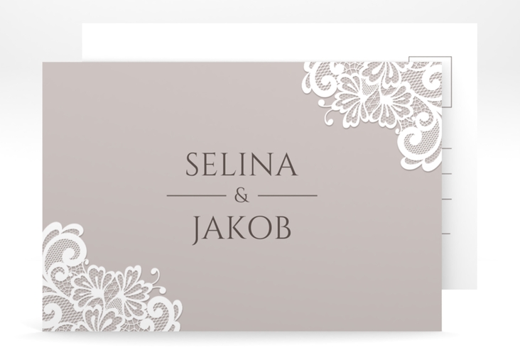 Antwortkarte Hochzeit Vintage A6 Postkarte grau hochglanz mit floraler Spitze