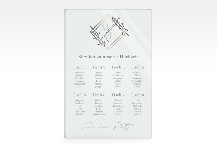 Sitzplan Acryl Hochzeit Greenletter 40 x 60 cm Acryl mit Initialen in elegantem Goldrahmen mit Blättern