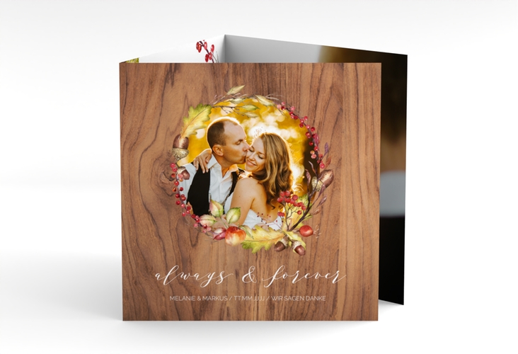 Dankeskarte Hochzeit Herbstlich quadr. Doppel-Klappkarte braun hochglanz