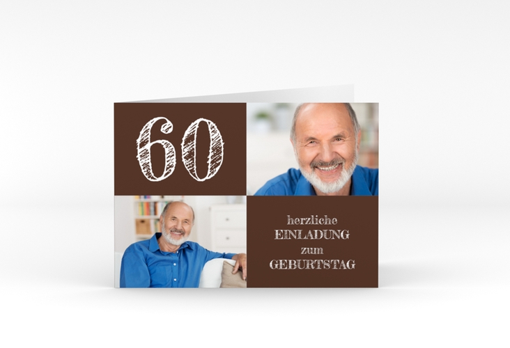Einladung 60. Geburtstag Lebensfreude A6 Klappkarte quer braun hochglanz