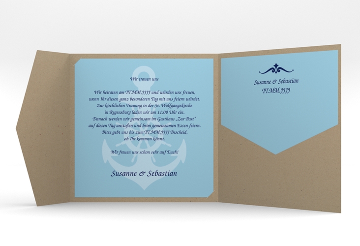Hochzeitseinladung Sylt Pocketfold blau mit Leuchtturm