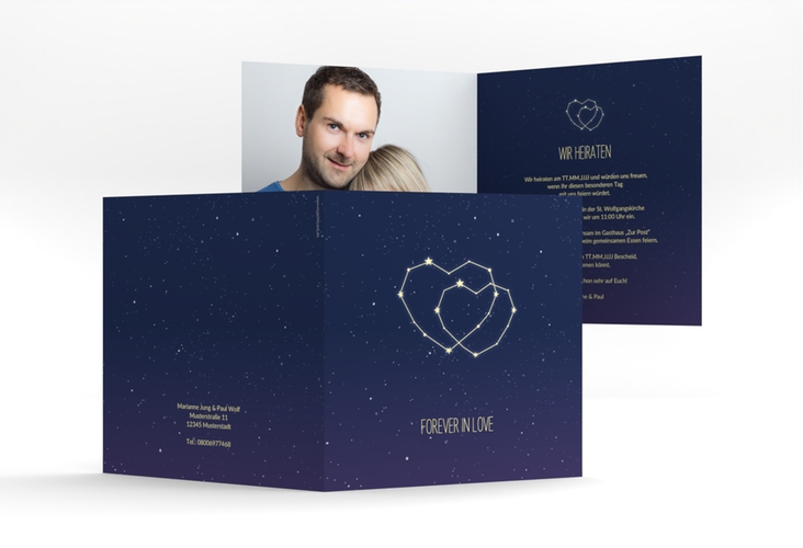 Hochzeitseinladung Sternenbild quadr. Klappkarte blau hochglanz