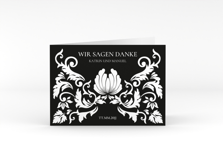 Danksagungskarte Hochzeit Royal A6 Klappkarte quer schwarz hochglanz mit barockem Blumen-Ornament