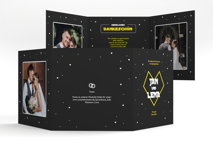 Dankeskarte Hochzeit Starlove quadr. Doppel-Klappkarte schwarz mit Sci-Fi-Universum