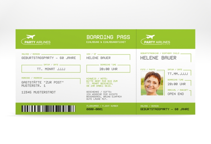 Einladung 60. Geburtstag Boardingpass lange Karte quer gruen hochglanz