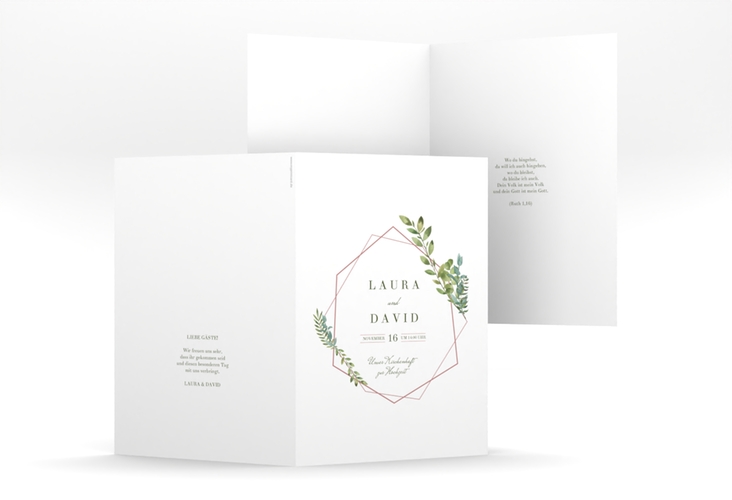 Kirchenheft Hochzeit Herbarium A5 Klappkarte hoch rosa hochglanz mit geometrischem Rahmen und Blätter-Dekor