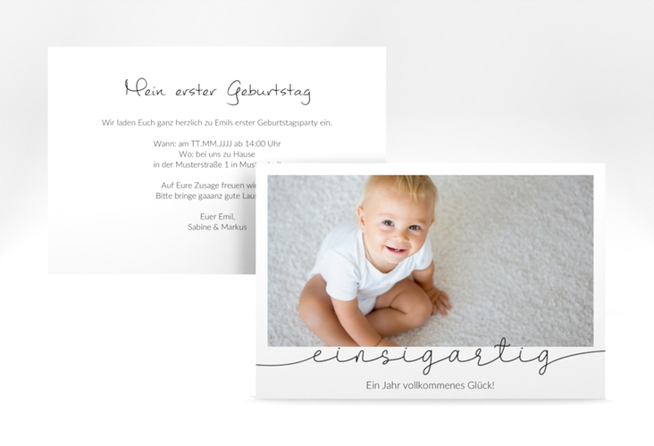 Einladungskarte Kindergeburtstag Einsigartig A6 Karte quer weiss zum ersten Geburtstag mit Kinderfoto