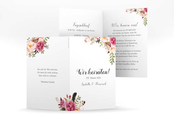 Einladungskarte Hochzeit Flowers A6 Klappkarte hoch weiss hochglanz mit bunten Aquarell-Blumen