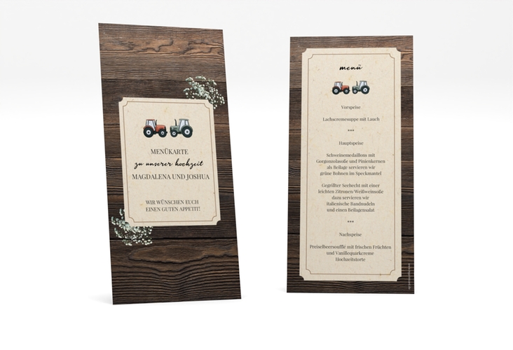 Menükarte Hochzeit Bauernhochzeit lange Karte hoch in rustikaler Holz-Optik mit Schleierkraut und zwei kleinen Traktoren