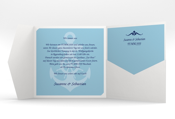Hochzeitseinladung Sylt Pocketfold blau hochglanz mit Leuchtturm