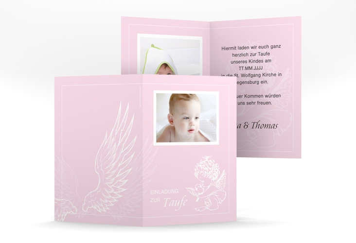 Einladungskarte Taufe Angel A6 Klappkarte hoch rosa