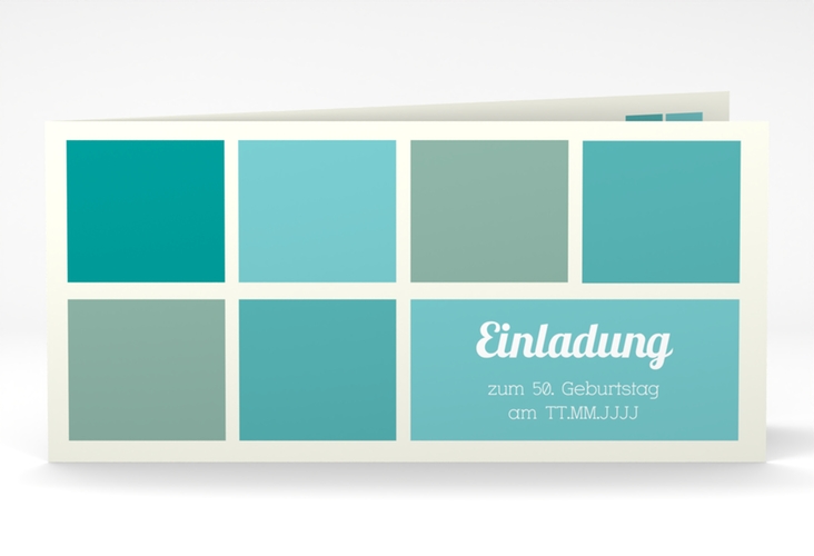 Einladung 50. Geburtstag Daniel/Daniela lange Klappkarte quer tuerkis hochglanz in Retro-Farben