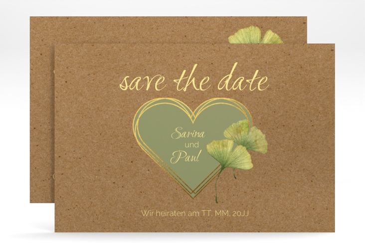 Save the Date-Karte Ginko A6 Karte quer Kraftpapier hochglanz mit Herz und zwei Ginkgo-Blättern