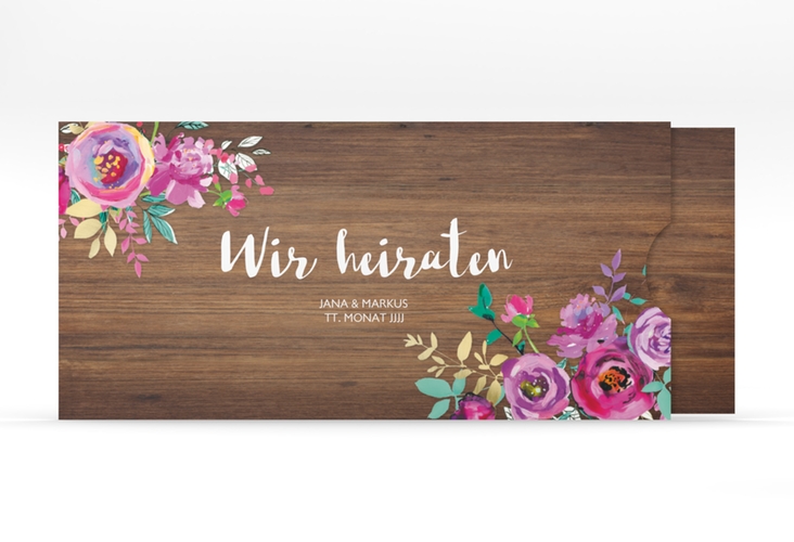Hochzeitseinladung Flourish Einsteckkarte braun mit floraler Bauernmalerei auf Holz