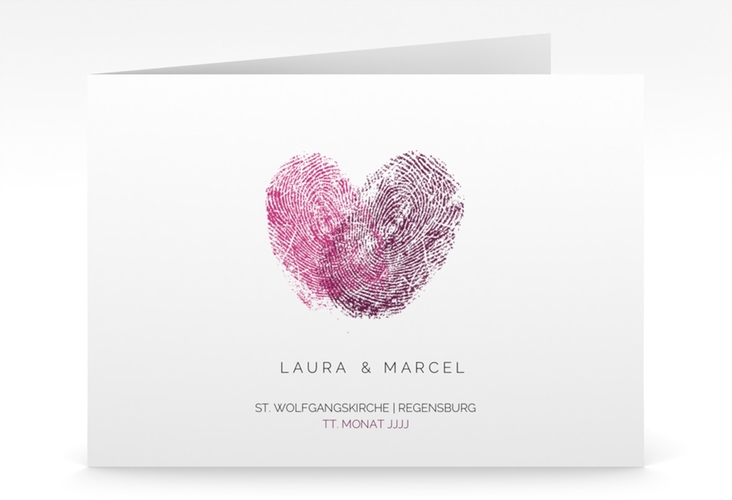 Hochzeitseinladung Fingerprint mittlere Klappkarte quer pink hochglanz schlicht mit Fingerabdruck-Motiv