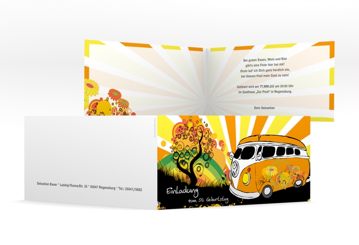 Einladung 50. Geburtstag Heiko/Heike lange Klappkarte quer mit Hippie-Bus und psychedelischen Mustern