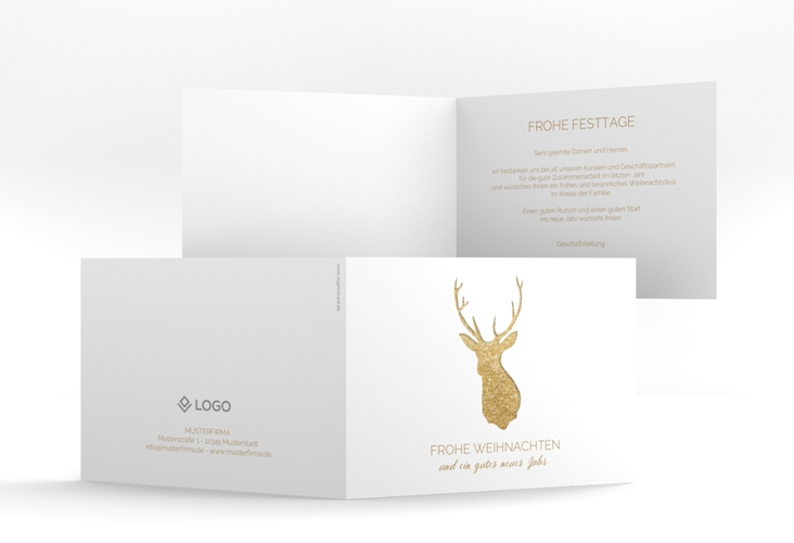 Geschäftliche Weihnachtskarte Deer A6 Klappkarte quer gold hochglanz und weiß mit Hirschkopf