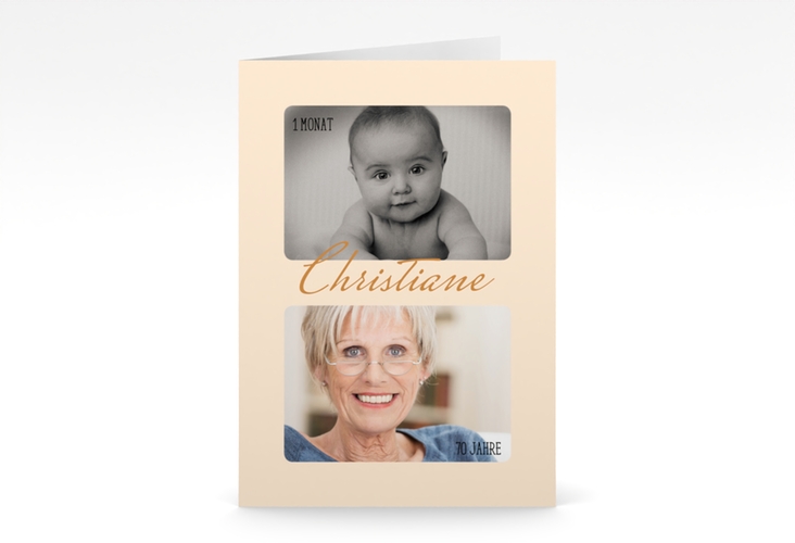 Einladung 70. Geburtstag Zeitlos A6 Klappkarte hoch beige mit Damals- und Heute-Fotos