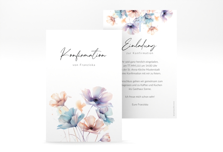 Einladungskarte Konfirmation Irised A6 Karte hoch mit eleganter Schrift und Mohnblumen in Pastell