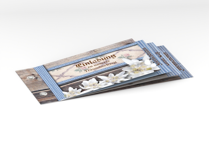 Einladungskarte Hochzeit Bayern Booklet hochglanz mit Edelweiß in rustikaler Holz-Optik