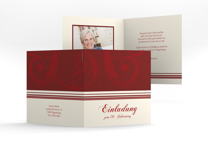Einladung 70. Geburtstag Katharina quadr. Klappkarte rot hochglanz