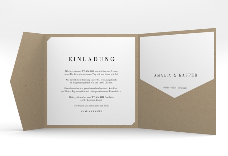 Hochzeitseinladung Filigrana Pocketfold schwarz in reduziertem Design mit Initialen und zartem Blätterkranz