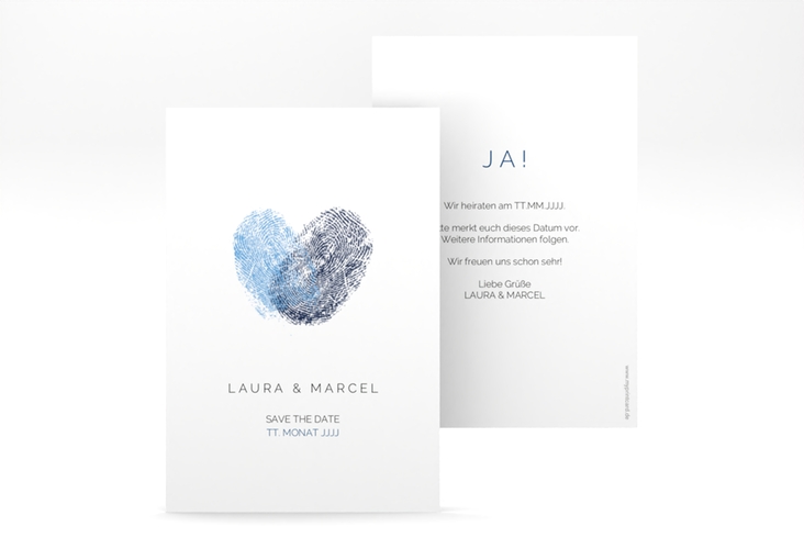 Save the Date-Karte Fingerprint A6 Karte hoch blau schlicht mit Fingerabdruck-Motiv