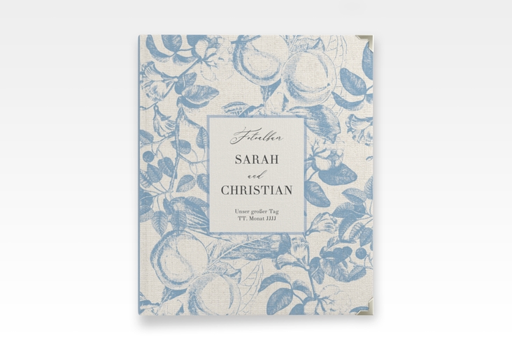 Hochzeitsalbum Toile 21 x 25 cm blau mit Blättermuster im Toile-de-Jouy-Stil