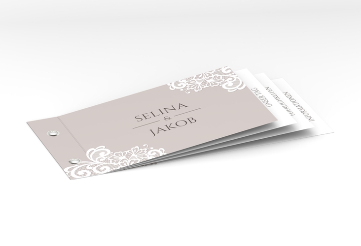 Hochzeitseinladung "Vintage" Booklet grau mit floraler Spitze