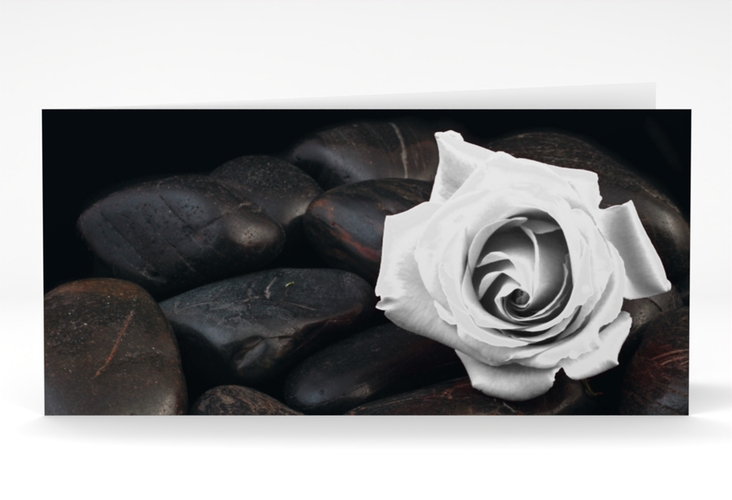 Danksagungskarte Trauer Stille lange Klappkarte quer weiss mit Rosenblüte