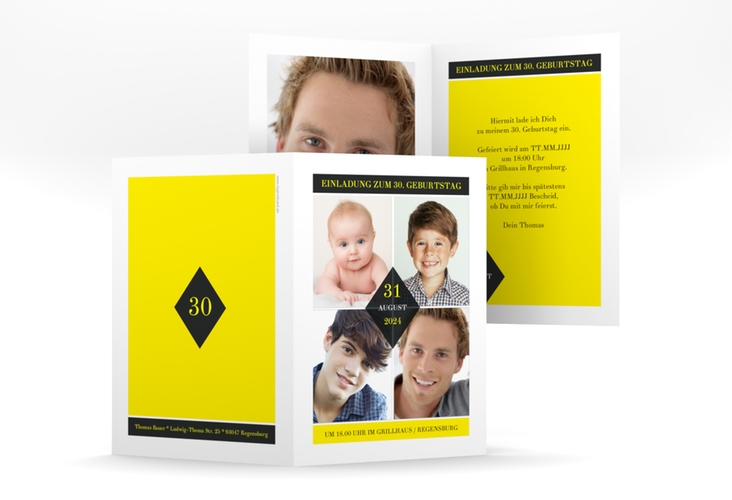 Einladung 30. Geburtstag Rhombus A6 Klappkarte hoch gelb modern mit vier Fotos