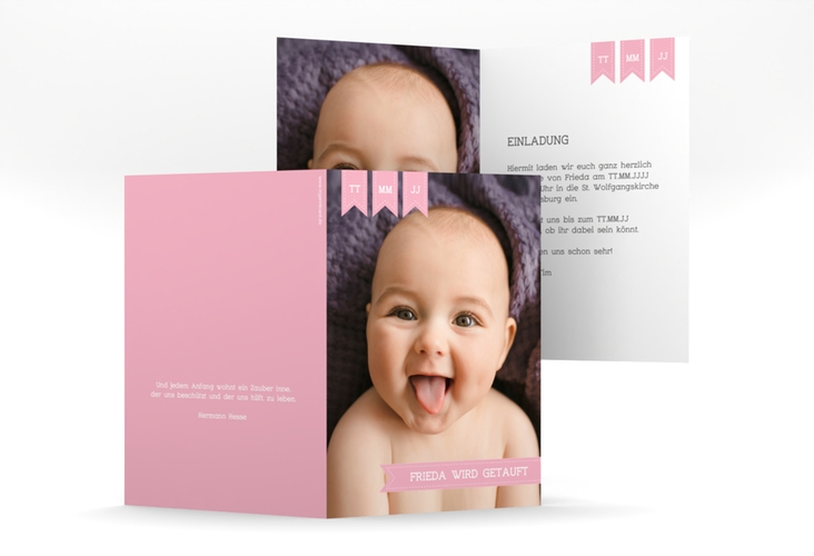 Einladungskarte Taufe Trust A6 Klappkarte hoch rosa mit Baby-Foto