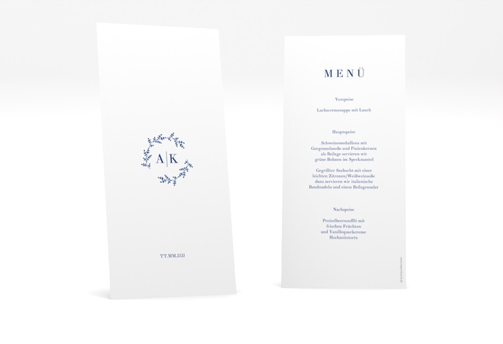 Menükarte Hochzeit Filigrana lange Karte hoch blau in reduziertem Design mit Initialen und zartem Blätterkranz