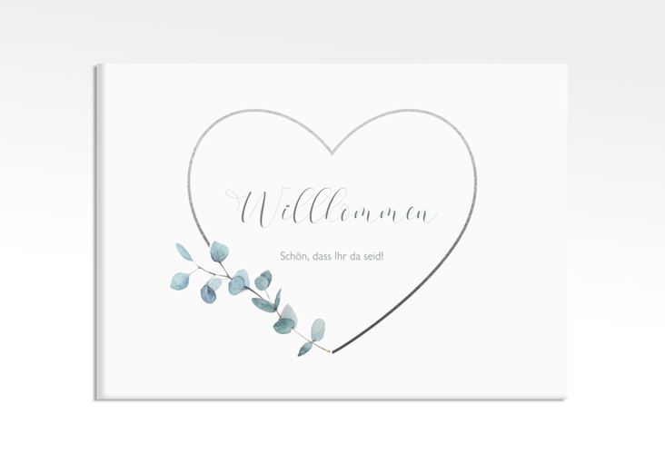 Willkommensschild Leinwand Greenheart 70 x 50 cm Leinwand grau mit elegantem Herz und Eukalyptus-Zweig