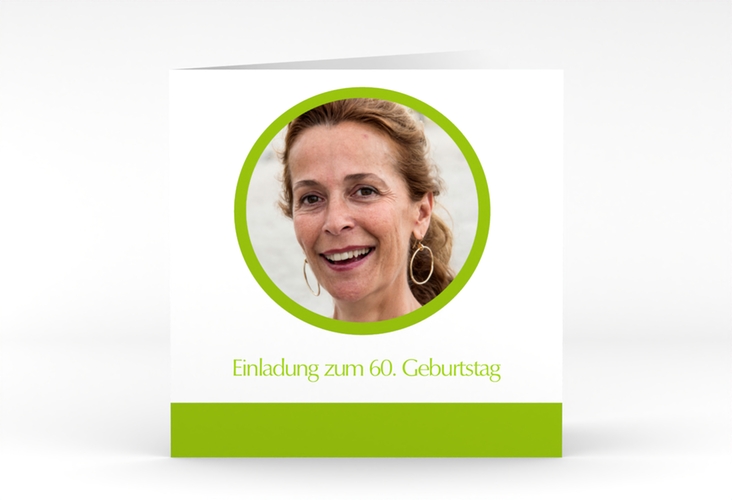 Einladung 60. Geburtstag Anton/Antonia quadr. Klappkarte gruen schlicht mit Foto