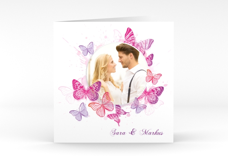 Hochzeitseinladung Schmetterlinge quadr. Klappkarte pink