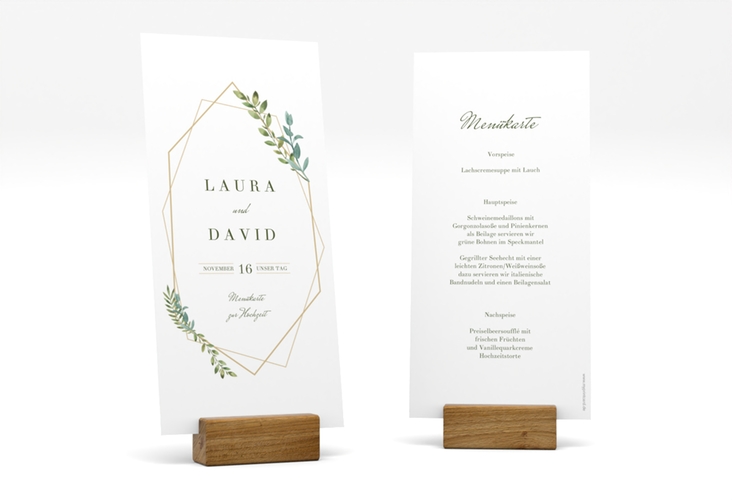 Menükarte Hochzeit Herbarium lange Karte hoch gold mit geometrischem Rahmen und Blätter-Dekor