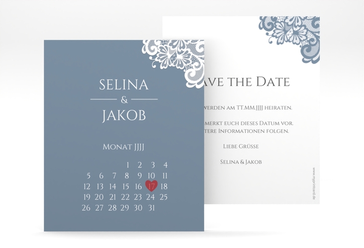 Save the Date-Kalenderblatt Vintage Kalenderblatt-Karte blau mit floraler Spitze