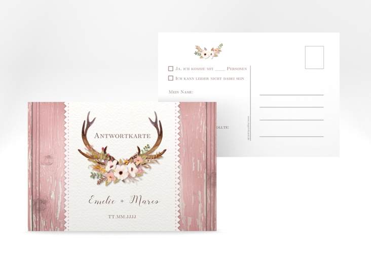 Antwortkarte Hochzeit Heimatjuwel A6 Postkarte rosa mit Hirschgeweih und Holz-Hintergrund