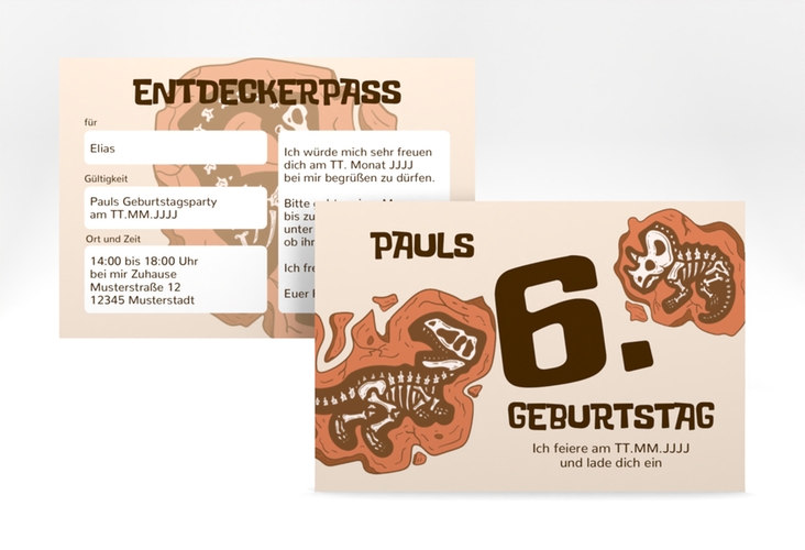 Einladungskarte Kindergeburtstag Fossil A6 Karte quer mit Dinosaurier-Fossilien