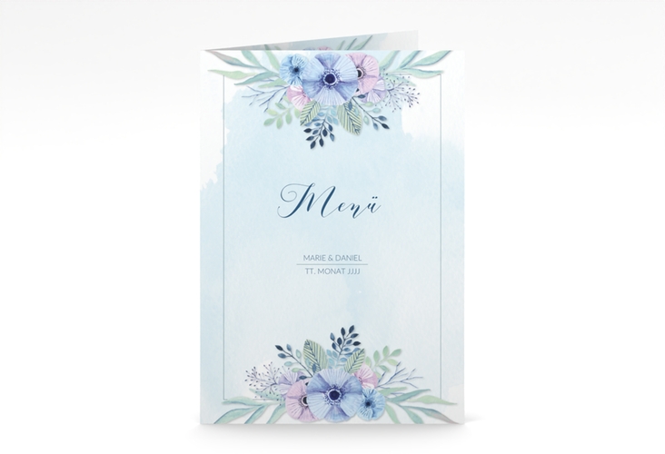 Menükarte Hochzeit Surfinia A5 Klappkarte hoch blau