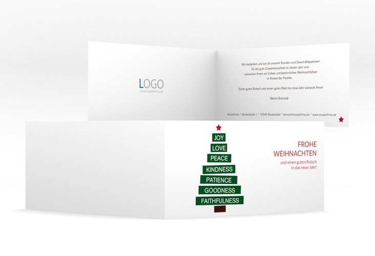 Geschäftliche Weihnachtskarte Christmastree lange Klappkarte quer hochglanz modern mit Weihnachtsbaum