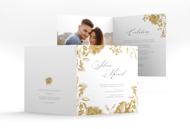 Hochzeitseinladung Blattgold quadr. Klappkarte