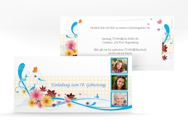 Einladung 70. Geburtstag Elisabeth lange Karte quer blau hochglanz