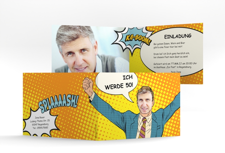 Einladung 50. Geburtstag Popart Man A6 Klappkarte quer