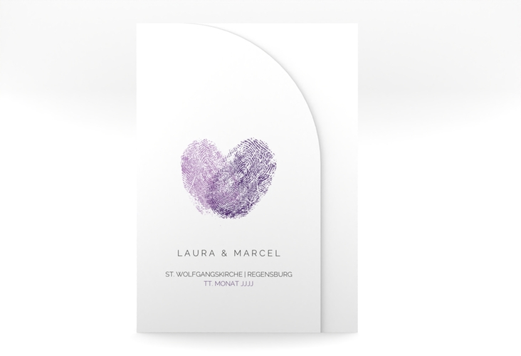 Hochzeitseinladung Fingerprint mittlere Bogen-Wickelfalzkarte lila schlicht mit Fingerabdruck-Motiv