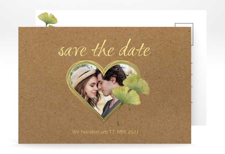 Save the Date-Postkarte Ginko A6 Postkarte hochglanz mit Herz und zwei Ginkgo-Blättern
