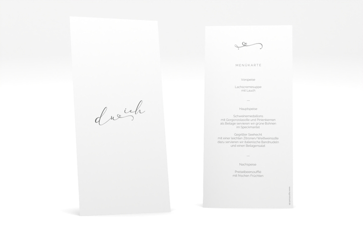 Menükarte Hochzeit Zweisamkeit lange Karte hoch weiss hochglanz im minimalistischen Stil mit Aufschrift du & ich