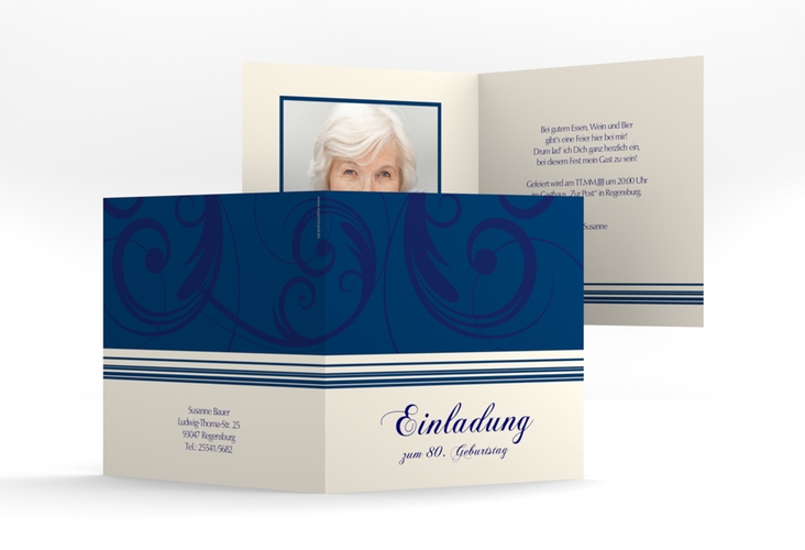 Einladung 80. Geburtstag Katharina quadr. Klappkarte blau hochglanz