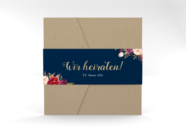 Hochzeitseinladung Flowers Pocketfold blau hochglanz mit bunten Aquarell-Blumen